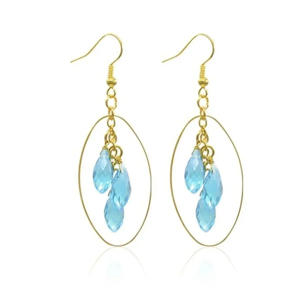 Handmade Aqua Blue Crystal Briolette Wire Wrap Gold 14K Plated Dangle Earrings